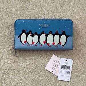 Kate Spade Arctic Friends Large Continental Blue Zip-Around Penguins Wallet